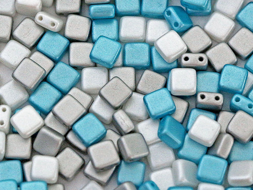 Tile Beads 6x6 mm, 2 Holes, Mix Silver White Aqua, Czech Glass