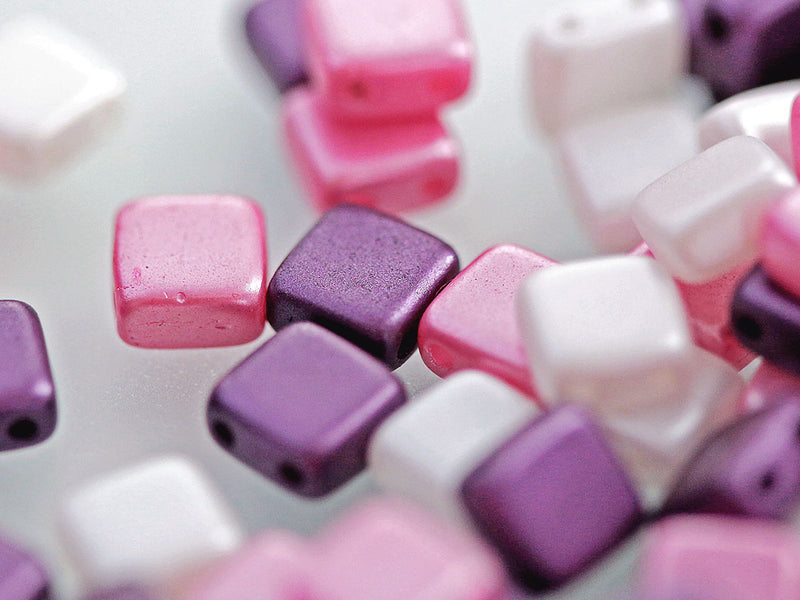 150 pcs Tile Beads 6x6 mm, 2 Holes, Mix White Bordeaux Pink, Czech Glass