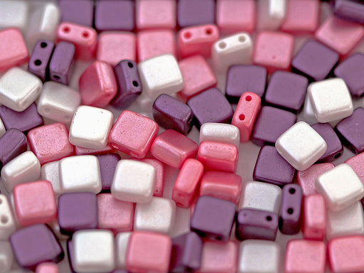 Tile Beads 6x6 mm, 2 Holes, Mix White Bordeaux Pink, Czech Glass