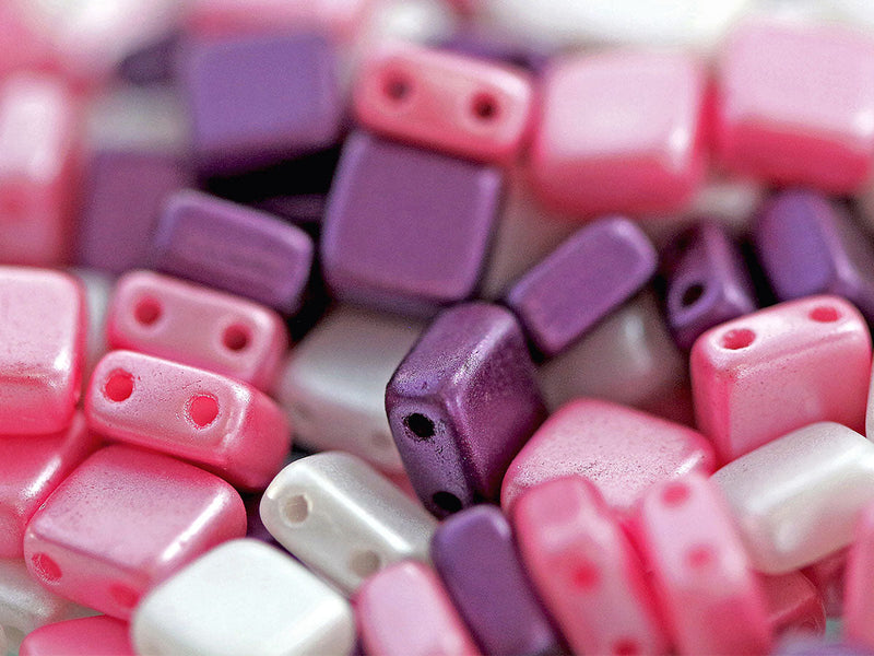 150 pcs Tile Beads 6x6 mm, 2 Holes, Mix White Bordeaux Pink, Czech Glass