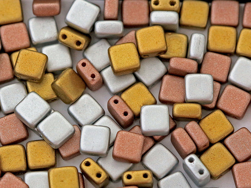 150 pcs Tile Beads 6x6 mm, 2 Holes, Mix Rosaline Bronze Silver, Czech Glass