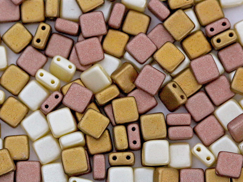 Tile Beads 6x6 mm, 2 Holes, Mix Cream Rosaline Bronze, Czech Glass