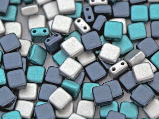 150 pcs Tile Beads 6x6 mm, 2 Holes, Mix Silver Montana Blue Aqua, Czech Glass