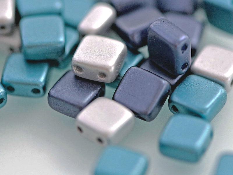 150 pcs Tile Beads 6x6 mm, 2 Holes, Mix Silver Montana Blue Aqua, Czech Glass