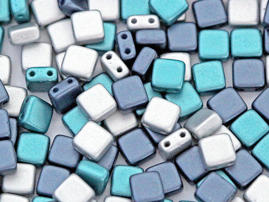 Tile Beads 6x6 mm, 2 Holes, Mix Silver Montana Blue Aqua, Czech Glass