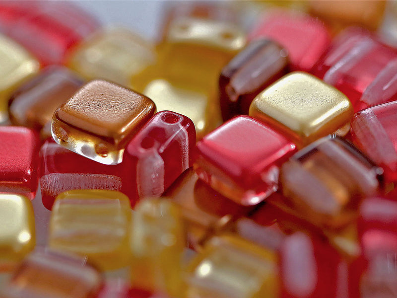 150 pcs Tile Beads 6x6 mm, 2 Holes, Mix Amber Red-Orange Topaz, Czech Glass
