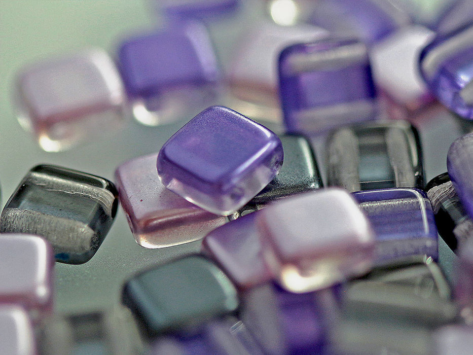 150 pcs Tile Beads 6x6 mm, 2 Holes, Mix Violet Lilac Gray, Czech Glass