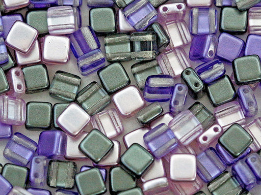 Tile Beads 6x6 mm, 2 Holes, Mix Violet Lilac Gray, Czech Glass