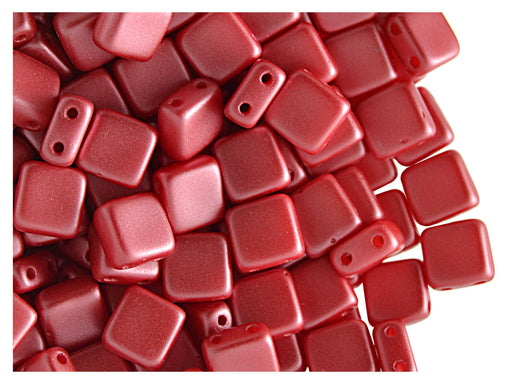 40 pcs 2-hole Tile Pressed Beads, 6x6x3mm, Pastel Dark Red Coral, Czech Glass