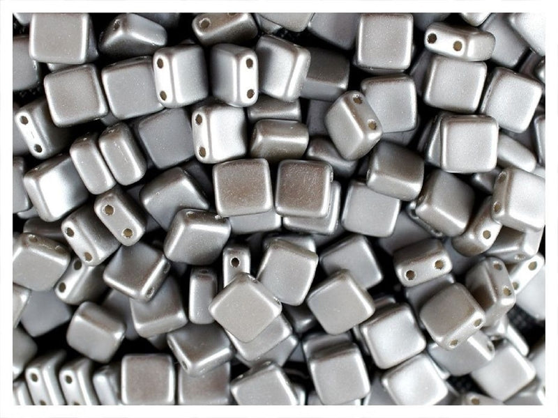 40 pcs 2-hole Tile Pressed Beads, 6x6x3mm, Pastel Silver, Czech Glass