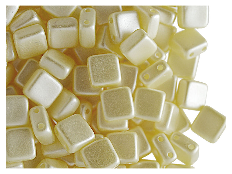 40 pcs 2-hole Tile Pressed Beads, 6x6x3mm, Pastel Cream, Czech Glass