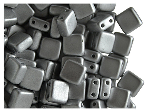 40 pcs 2-hole Tile Pressed Beads, 6x6x3mm, Terra Metallic Silver, Czech Glass