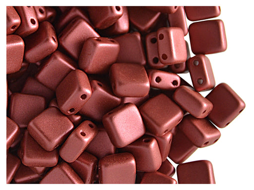 40 pcs 2-hole Tile Pressed Beads, 6x6x3mm, Terra Metallic Red, Czech Glass