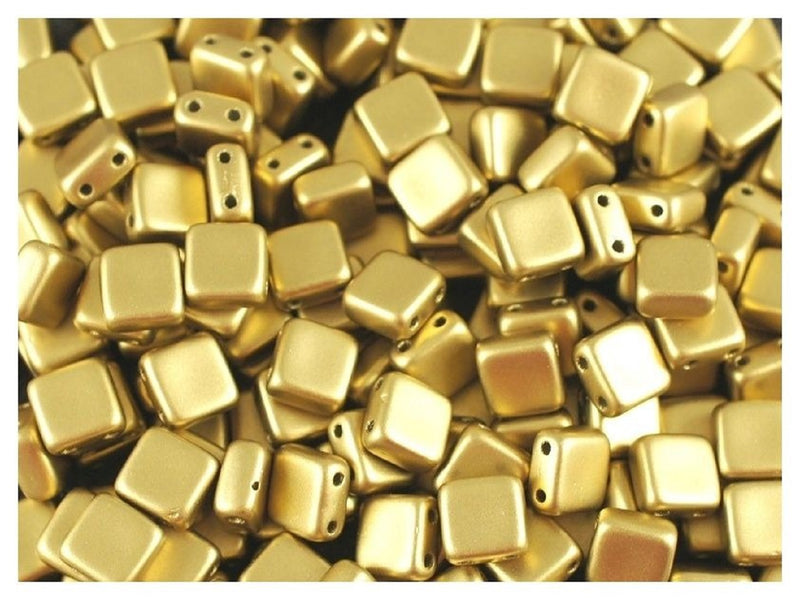 40 pcs 2-hole Tile Pressed Beads, 6x6x3mm, Terra Metallic Olivine Gold, Czech Glass