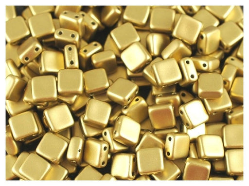 40 pcs 2-hole Tile Pressed Beads, 6x6x3mm, Terra Metallic Olivine Gold, Czech Glass
