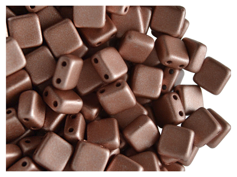 40 pcs 2-hole Tile Pressed Beads, 6x6x3mm, Terra Metallic Rosaline Matte, Czech Glass