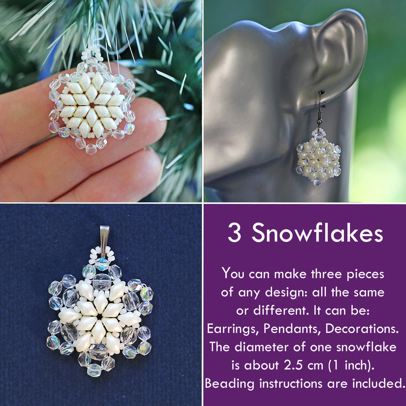 Exclusive Beading KIT “3 Snowflakes” (DIY beaded jewelry making), White