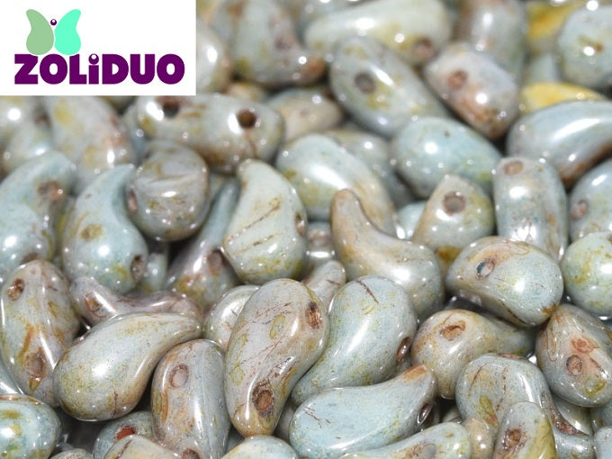 20 pcs 2-hole ZoliDuo® Left Pressed Beads, 5x8mm, Alabaster Lazure Blue, Czech Glass