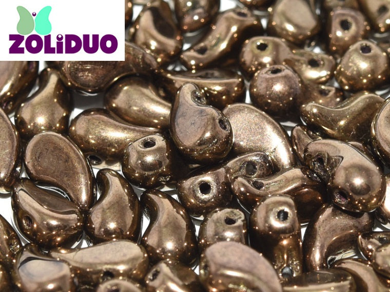 20 pcs 2-hole ZoliDuo® Left Pressed Beads, 5x8mm, Dark Gold Metallic, Czech Glass
