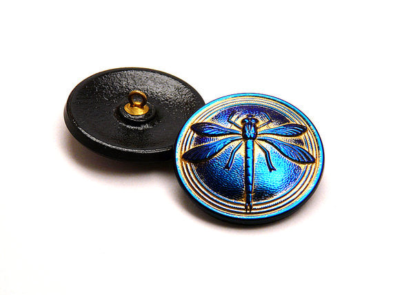 1 pc Czech Glass Button, Jet Azuro Bronze Coloured Dragonfly, Hand Painted, Size 8 (18mm)