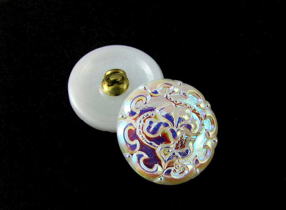 1 pc Czech Glass Button, Flower White AB, Hand Made Art, Size 8 (18mm)