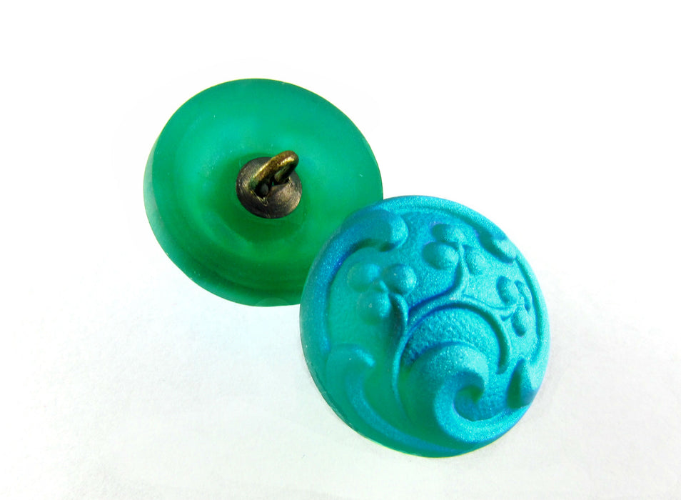 1 pc Czech Glass Button, Emerald Matte AB, Handmade Art, Size 8 (18mm)