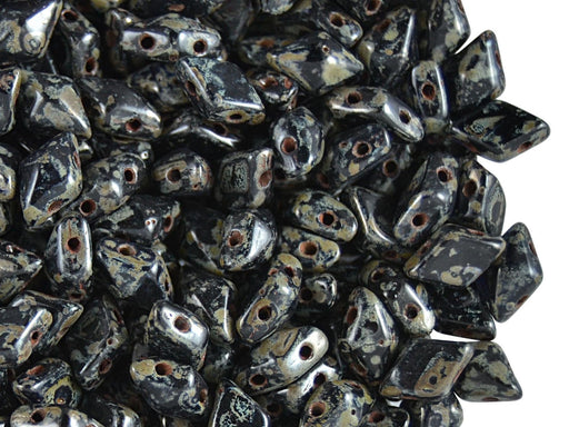 30 pcs 2-hole DiamonDuo™ Beads, 5x8mm, Jet Black Picasso, Pressed Czech Glass