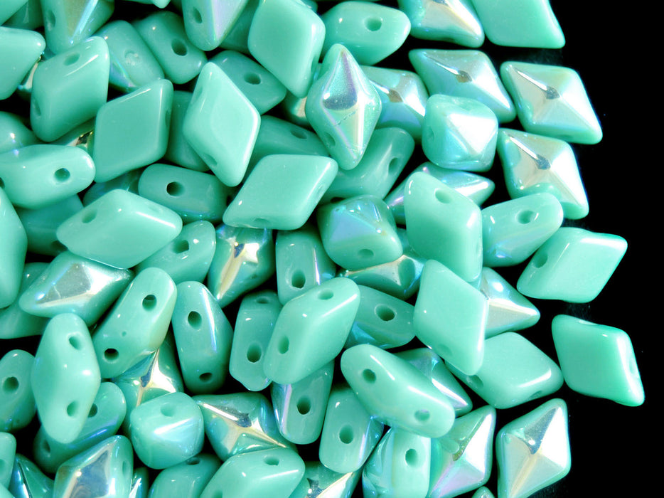 30 pcs 2-hole DiamonDuo™ Beads, 5x8mm, Opaque Turquoise AB, Pressed Czech Glass