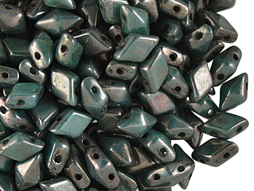 30 pcs 2-hole DiamonDuo™ Beads, 5x8mm, Opaque Turquoise Bronze Plated, Pressed Czech Glass