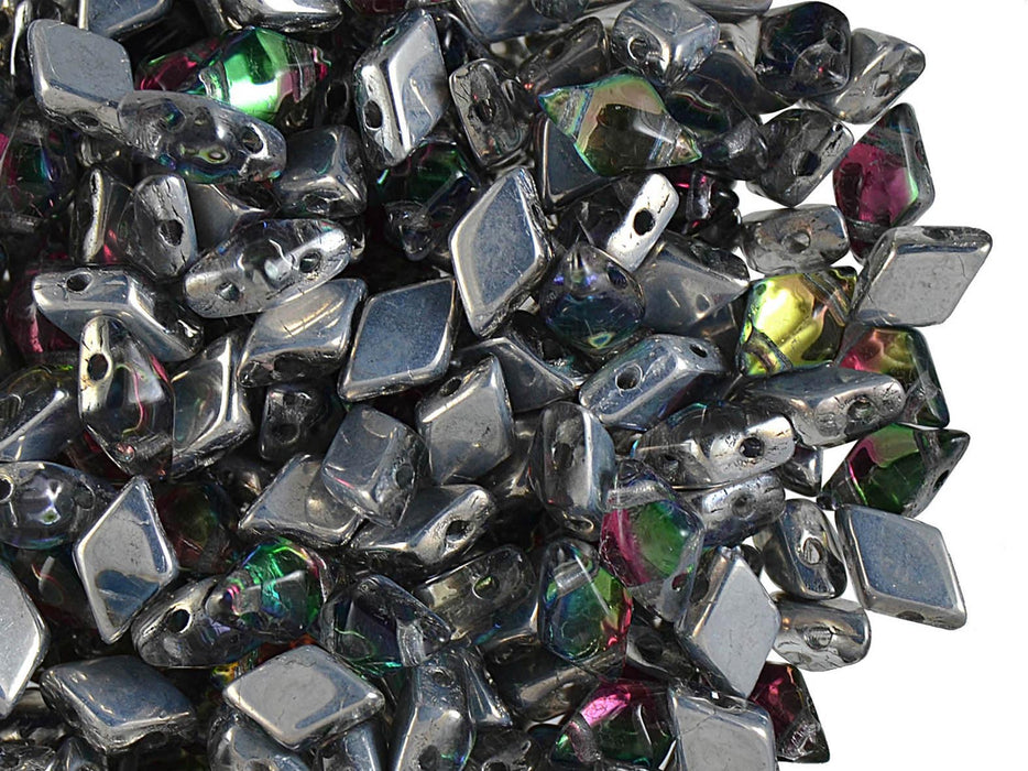 30 pcs 2-hole DiamonDuo™ Beads, 5x8mm, Crystal Heliotrope, Pressed Czech Glass