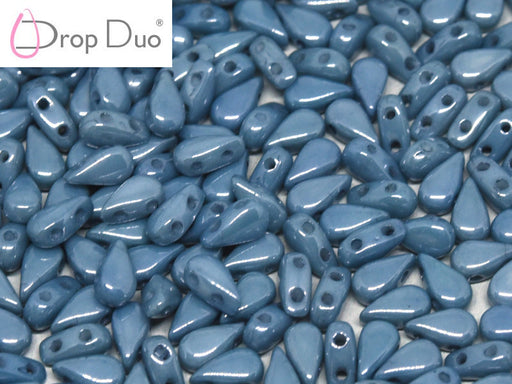 50 pcs 2-hole DropDuo® Beads, 3x6mm, Chalk White Baby Blue Luster, Czech Glass