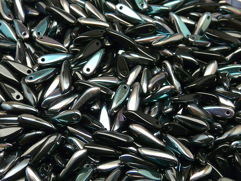 50 pcs Dagger Small Pressed Beads, 3x10mm, Jet Celsian, Czech Glass