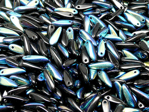 50 pcs Dagger Small Pressed Beads, 3x10mm, Jet AB, Czech Glass