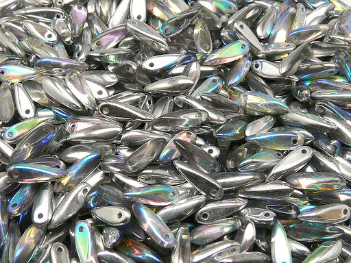 50 pcs Dagger Small Pressed Beads, 3x10mm, Crystal Silver Rainbow, Czech Glass
