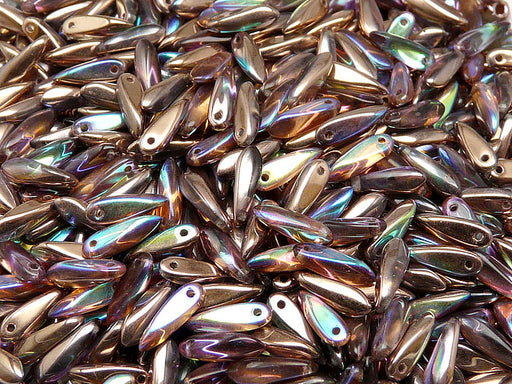 50 pcs Dagger Small Pressed Beads, 3x10mm, Crystal Copper Rainbow, Czech Glass