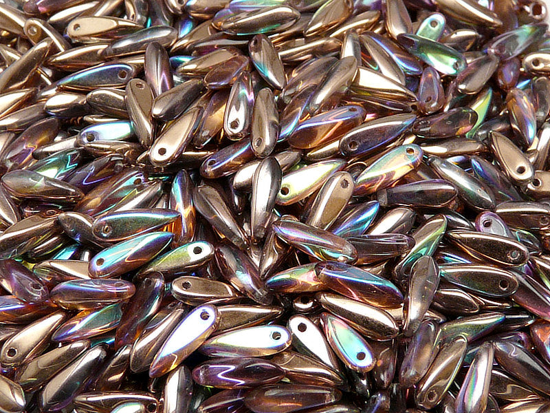 50 pcs Dagger Small Pressed Beads, 3x10mm, Crystal Copper Rainbow, Czech Glass