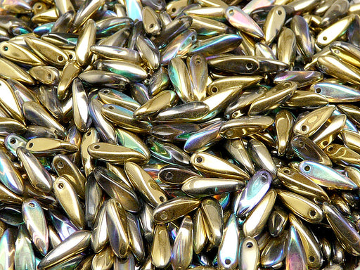 50 pcs Dagger Small Pressed Beads, 3x10mm, Crystal Golden Rainbow, Czech Glass