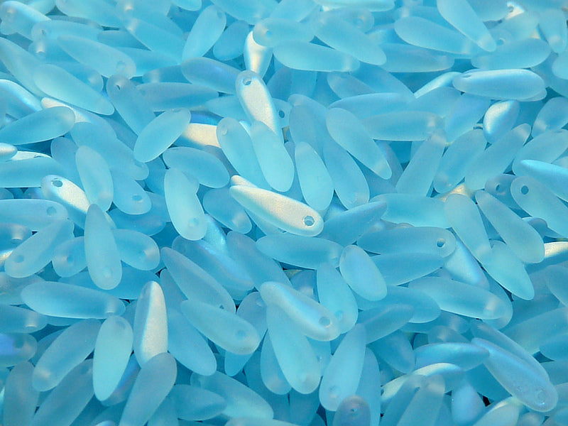 50 pcs Dagger Small Pressed Beads, 3x10mm, Aquamarine Blue AB Matte, Czech Glass