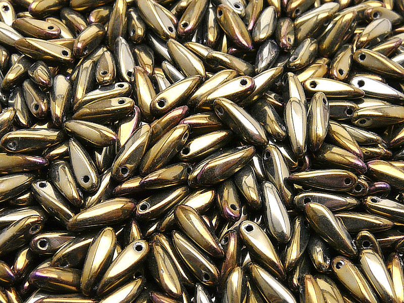 50 pcs Dagger Small Pressed Beads, 3x10mm, Jet Brown Iris, Czech Glass