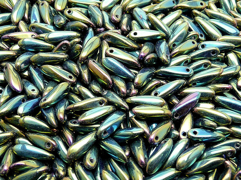50 pcs Dagger Small Pressed Beads, 3x10mm, Jet Green Iris, Czech Glass
