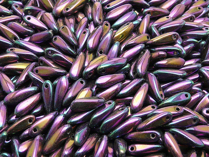 50 pcs Dagger Small Pressed Beads, 3x10mm, Jet Purple Iris, Czech Glass