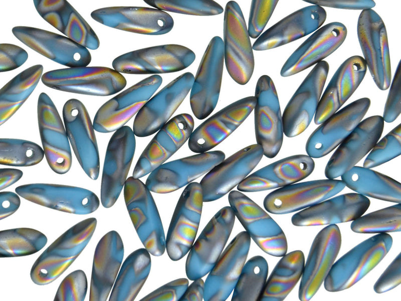 50 pcs Dagger Small Pressed Beads, 3x10mm, Turquoise Blue Zebra Vitrail Mat, Czech Glass