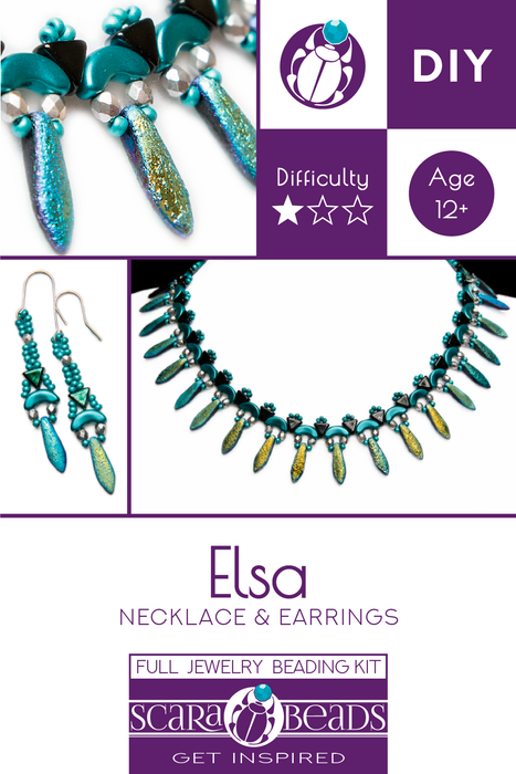 Elsa - DIY Beading Kit For Jewelry Making (Necklace&Earrings), Etched Blue Turquoise, Czech Glass Beads