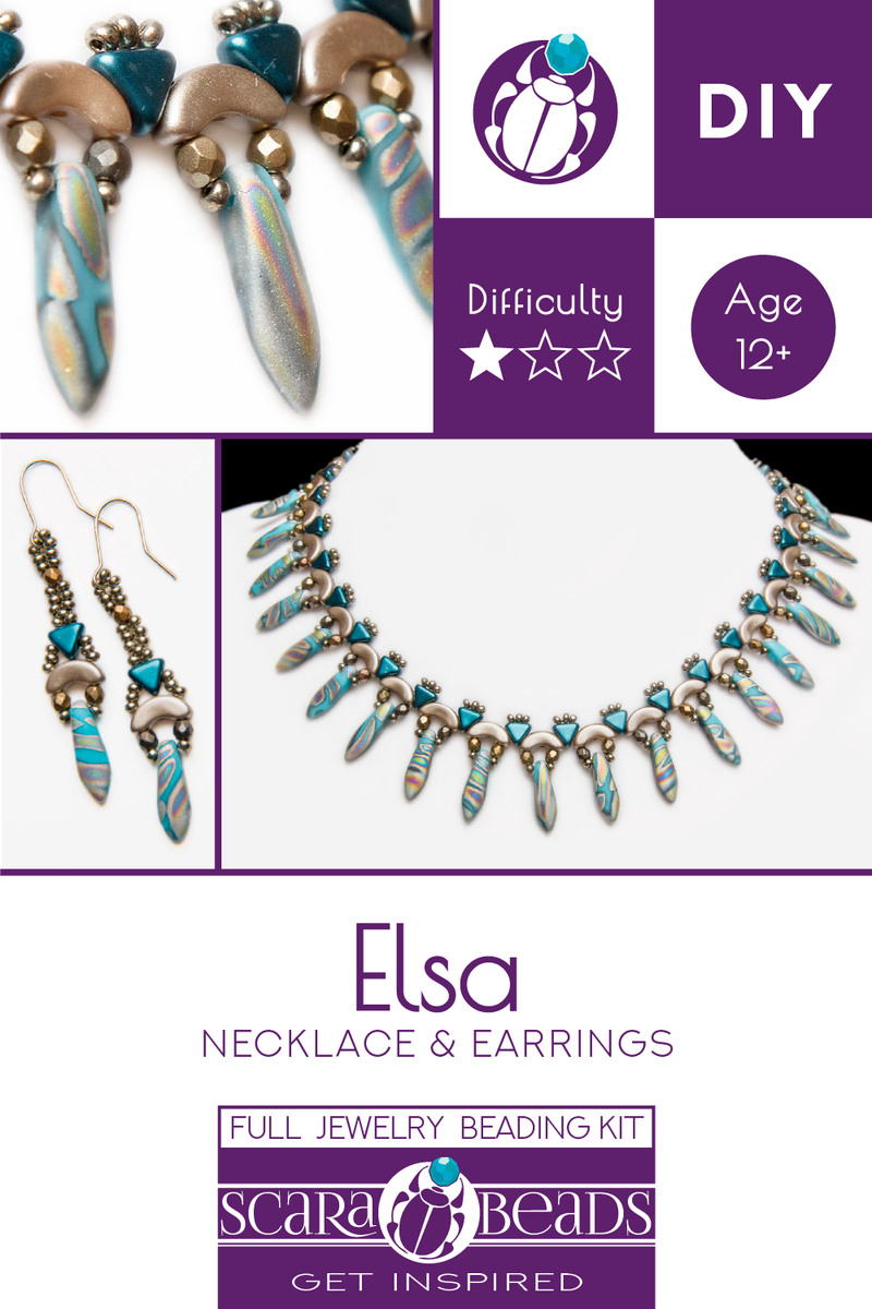 Elsa - DIY Beading Kit For Jewelry Making (Necklace&Earrings), Blue Zebra Vitrail Gold, Czech Glass Beads