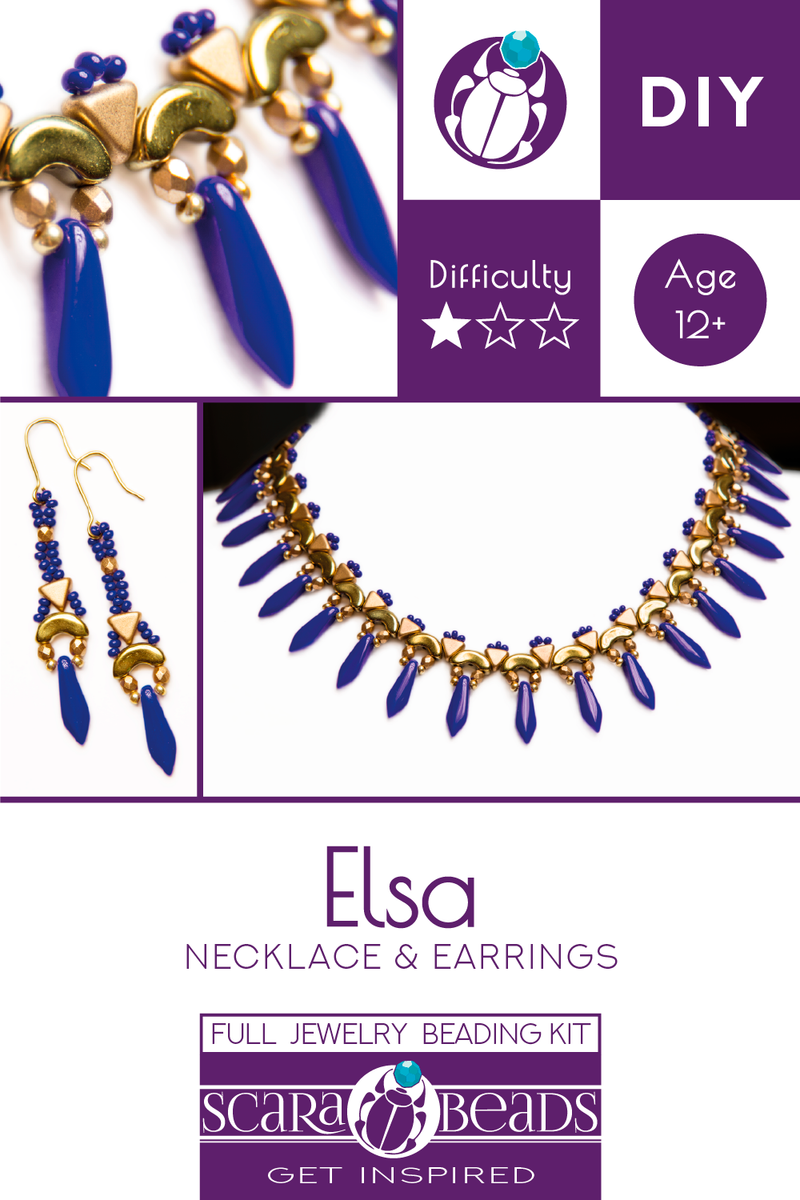 Elsa - DIY Beading Kit For Jewelry Making (Necklace&Earrings), Deep Blue Gold, Czech Glass Beads