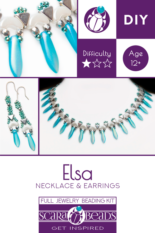 Elsa - DIY Beading Kit For Jewelry Making (Necklace&Earrings), Aqua White Chrysolite, Czech Glass Beads