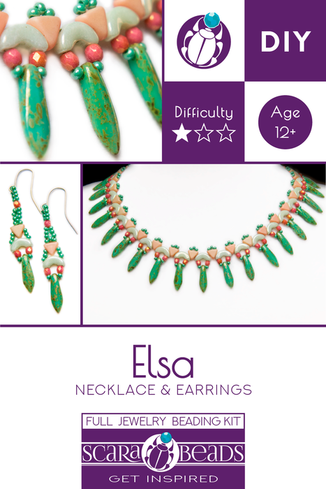 Elsa - DIY Beading Kit For Jewelry Making (Necklace&Earrings), Green White Pink, Czech Glass Beads