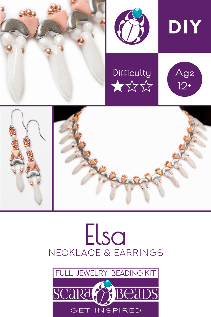 Elsa - DIY Beading Kit For Jewelry Making (Necklace&Earrings), White Pink Gold, Czech Glass Beads