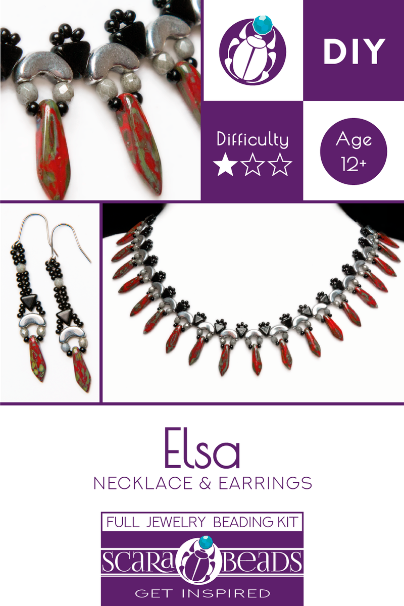 Elsa - DIY Beading Kit For Jewelry Making (Necklace&Earrings), Red Travertine Black Silver, Czech Glass Beads
