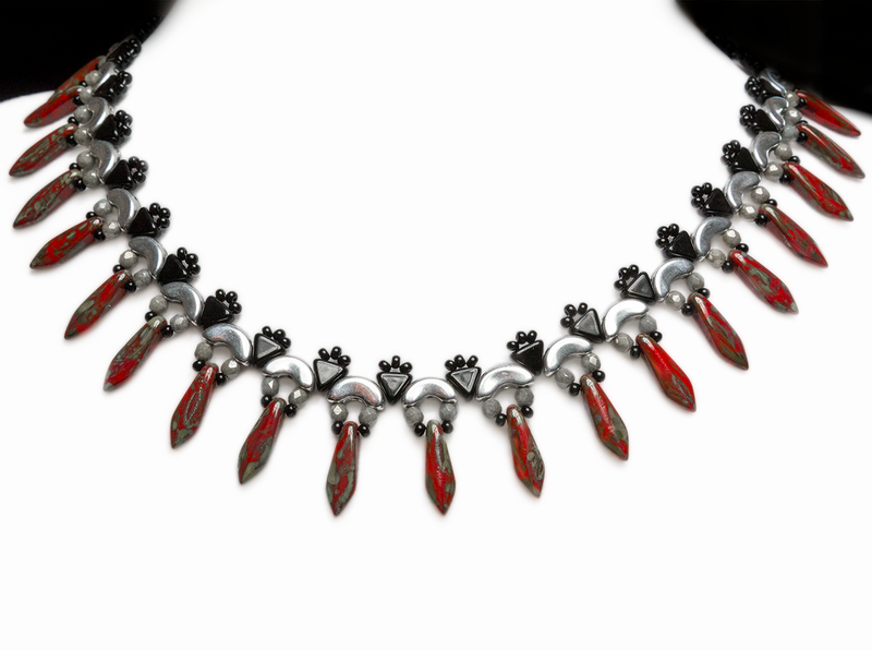 Elsa - DIY Beading Kit For Jewelry Making (Necklace&Earrings), Red Travertine Black Silver, Czech Glass Beads